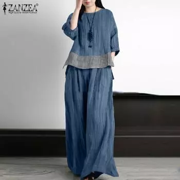 ZANZEA Женская блузка и брюки повседневный летний комплект из двух предметов с брюками S зелёный