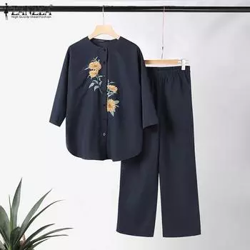 ZANZEA Женская блузка и брюки с цветочной вышивкой, повседневные комплекты из двух предметов 5XL бежевый
