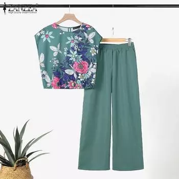 ZANZEA Женская блузка и брюки с цветочным принтом, повседневный комплект из двух предметов 4XL белый