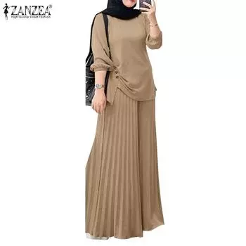 ZANZEA Женская блузка и широкие брюки повседневные комплекты из двух предметов S бежевый