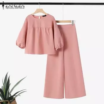 ZANZEA Женская блузка и широкие брюки повседневные комплекты из двух предметов 5XL бежевый