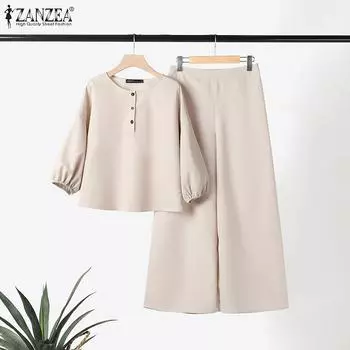 ZANZEA Женская блузка и широкие брюки повседневный брючный костюм из двух предметов 5XL бежевый
