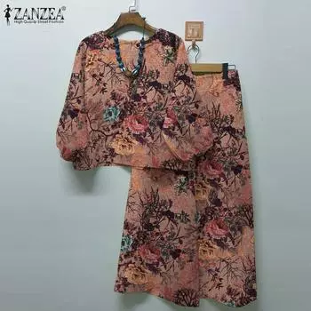 ZANZEA Женская блузка и широкие брюки повседневный комплект из двух предметов