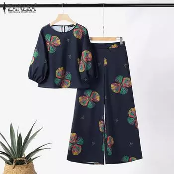 ZANZEA Женская блузка и широкие брюки повседневный костюм с цветочным принтом 4XL жёлтый