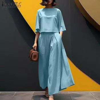 ZANZEA Женская блузка и широкие брюки, повседневный комплект из двух предметов S розовый