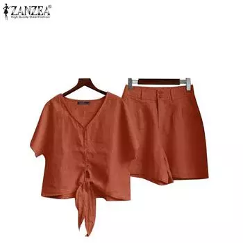 ZANZEA Женская блузка и шорты, летний комплект из двух предметов S темно-синий