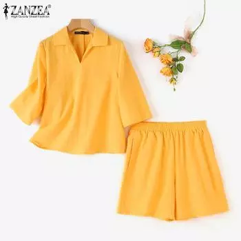 ZANZEA Женская блузка и шорты, летний повседневный костюм из двух предметов XL темно-зеленого