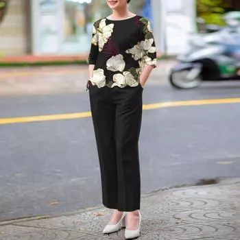 ZANZEA Женская блузка с цветочным принтом и брюки повседневные комплекты из двух предметов
