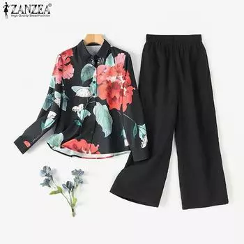 ZANZEA Женская блузка с цветочным принтом и брюки повседневные комплекты из двух предметов S чёрный