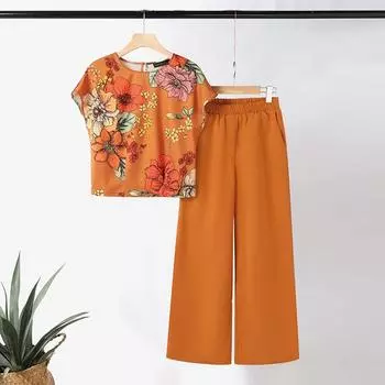 ZANZEA Женская блузка с цветочным принтом и брюки повседневные комплекты из двух предметов 3XL чёрный