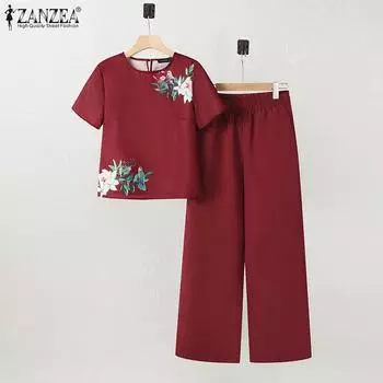 ZANZEA Женская блузка с цветочным принтом и брюки повседневные комплекты из двух предметов