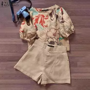 ZANZEA Женская блузка с цветочным принтом и шорты, летние повседневные комплекты из двух предметов S розовый
