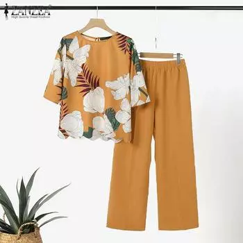 ZANZEA Женская блузка с цветочным принтом и брюки повседневные комплекты из двух предметов 4XL чёрный