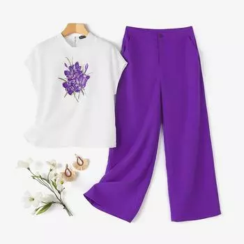 ZANZEA Женская блузка с цветочным принтом и брюки, летние повседневные комплекты из двух предметов S фиолетовый
