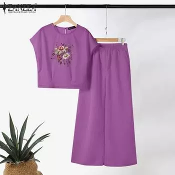 ZANZEA Женская блузка с цветочным принтом и брюки повседневные комплекты из двух предметов 5XL чёрный