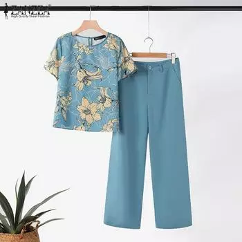 ZANZEA Женская блузка с цветочным принтом и брюки повседневные комплекты из двух предметов S темно-синий
