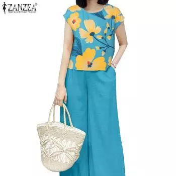 ZANZEA Женская блузка с цветочным принтом и брюки повседневные комплекты из двух предметов S циан