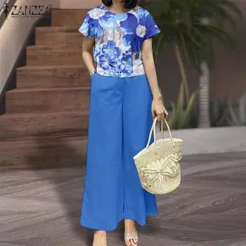 ZANZEA Женская блузка с цветочным принтом и брюки повседневные комплекты из двух предметов 4XL синий