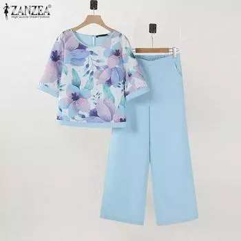 ZANZEA Женская блузка с цветочным принтом и брюки повседневные комплекты из двух предметов S розовый