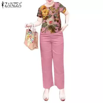 ZANZEA Женская блузка с цветочным принтом и брюки повседневные комплекты из двух предметов 4XL бежевый