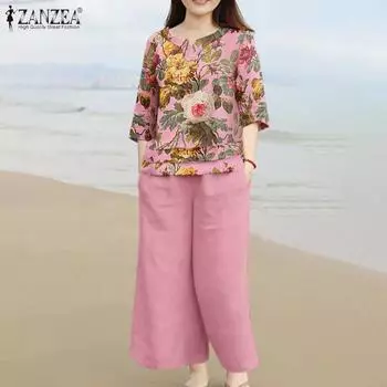 ZANZEA Женская блузка с цветочным принтом и брюки повседневные комплекты из двух предметов