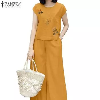 ZANZEA Женская блузка с цветочным принтом и брюки повседневные комплекты из двух предметов 4XL жёлтый