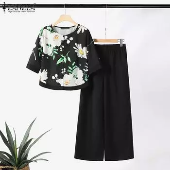 ZANZEA Женская блузка с цветочным принтом и брюки повседневные комплекты из двух предметов S чёрный