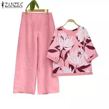 ZANZEA Женская блузка с цветочным принтом и брюки повседневные комплекты из двух предметов S жёлтый