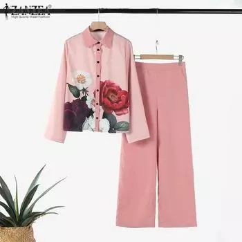 ZANZEA Женская блузка с цветочным принтом и брюки повседневные комплекты из двух предметов S розовый