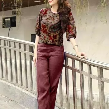 ZANZEA Женская блузка с цветочным принтом и брюки повседневный комплект из двух предметов 3XL белый