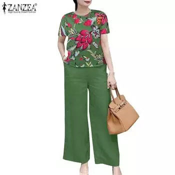 ZANZEA Женская блузка с цветочным принтом и брюки повседневные комплекты из двух предметов S чёрный