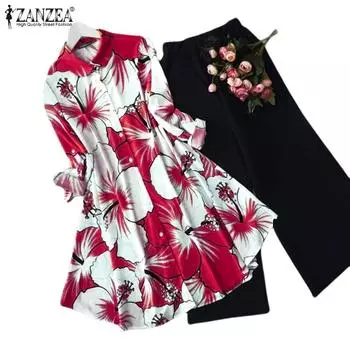 ZANZEA Женская блузка с цветочным принтом и брюки повседневные комплекты из двух предметов S чёрный