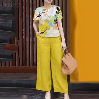 ZANZEA Женская блузка с цветочным принтом и брюки повседневные комплекты из двух предметов S жёлтый