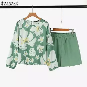 ZANZEA Женская блузка с цветочным принтом и шорты повседневные комплекты из двух предметов S зелёный