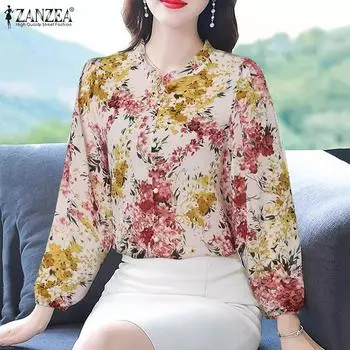 ZANZEA Женская блузка с цветочным принтом и длинными рукавами, элегантные повседневные топы