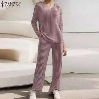 ZANZEA Женская блузка с длинным рукавом и брюки Повседневный трикотаж Комплект из двух предметов M чёрный