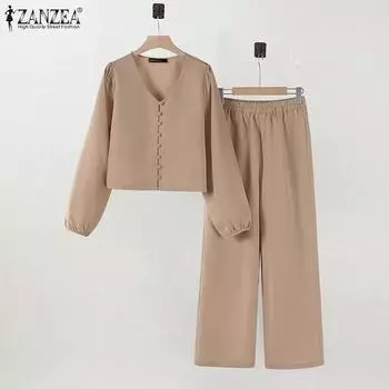 ZANZEA Женская блузка с длинным рукавом и брюки повседневный комплект из двух частей 2XL белый