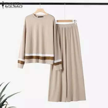 ZANZEA Женская блузка с длинным рукавом и брюки повседневный комплект из двух частей 5XL чёрный