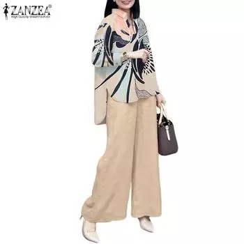 ZANZEA Женская блузка с длинным рукавом и брюки с принтом, повседневные комплекты из двух предметов жёлтый