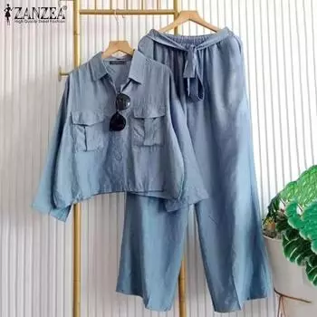ZANZEA Женская блузка с длинным рукавом и брюки повседневный комплект из двух частей S синий