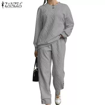 ZANZEA Женская блузка с длинным рукавом и брюки Повседневный костюм из двух частей свитшот S белый