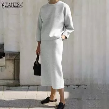 ZANZEA Женская блузка с длинным рукавом и юбка, комплект из двух предметов S темно-синий