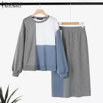 ZANZEA Женская блузка с длинным рукавом и длинные юбки, комплект из двух частей L серый