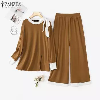 ZANZEA Женская блузка с длинным рукавом и брюки повседневный комплект из двух частей S чёрный