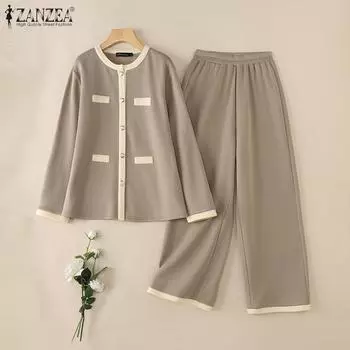 ZANZEA Женская блузка с длинным рукавом и брюки повседневный комплект из двух частей S чёрный