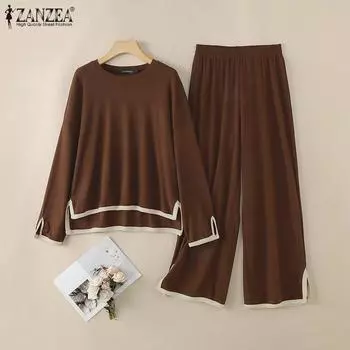 ZANZEA Женская блузка с длинным рукавом и брюки повседневный комплект из двух частей S коричневый