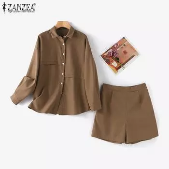 ZANZEA Женская блузка с длинными рукавами и шорты, летний комплект из двух предметов