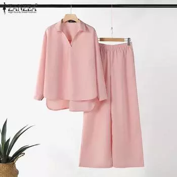 ZANZEA Женская блузка с длинными рукавами и брюки повседневные комплекты из двух предметов S розовый