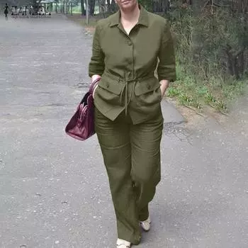 ZANZEA Женская блузка с длинными рукавами и брюки повседневные комплекты из двух предметов S зелёный