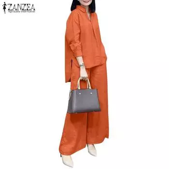 ZANZEA Женская блузка с длинными рукавами и брюки повседневные комплекты из двух предметов 2XL темно-зеленого